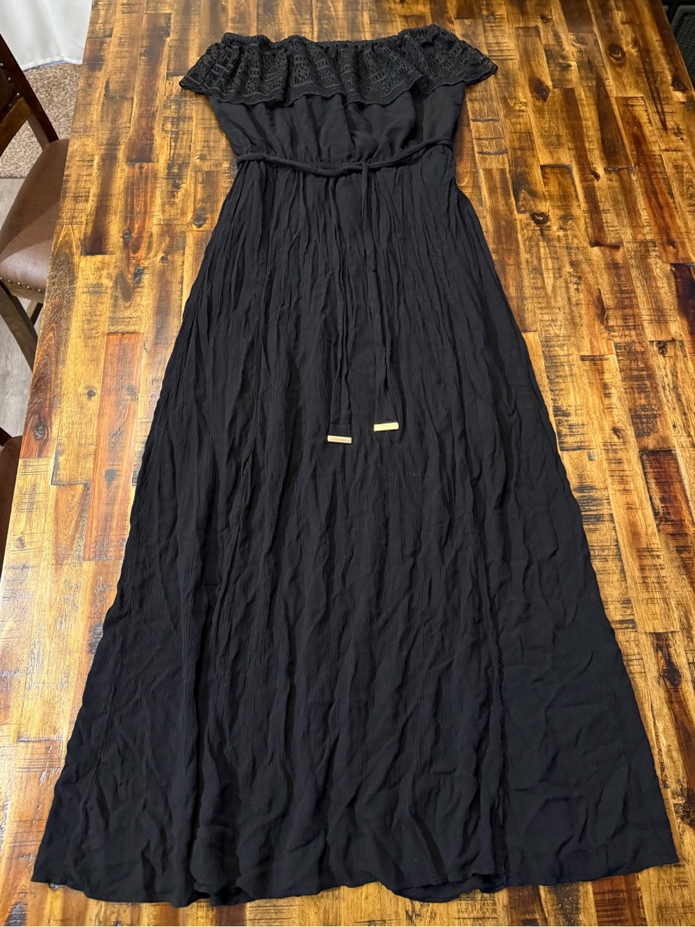 🍒Black lace off the shoulder long flowy summer maxi dress 2 slits belt apt 9 L